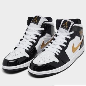 Nike Black White Gold Air Jordan 1 Mid Sneakers